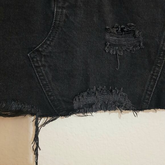 Free People We The Free Black Distressed Jean Skirt 100% Cotton Button Fly Mini - Picture 14 of 14